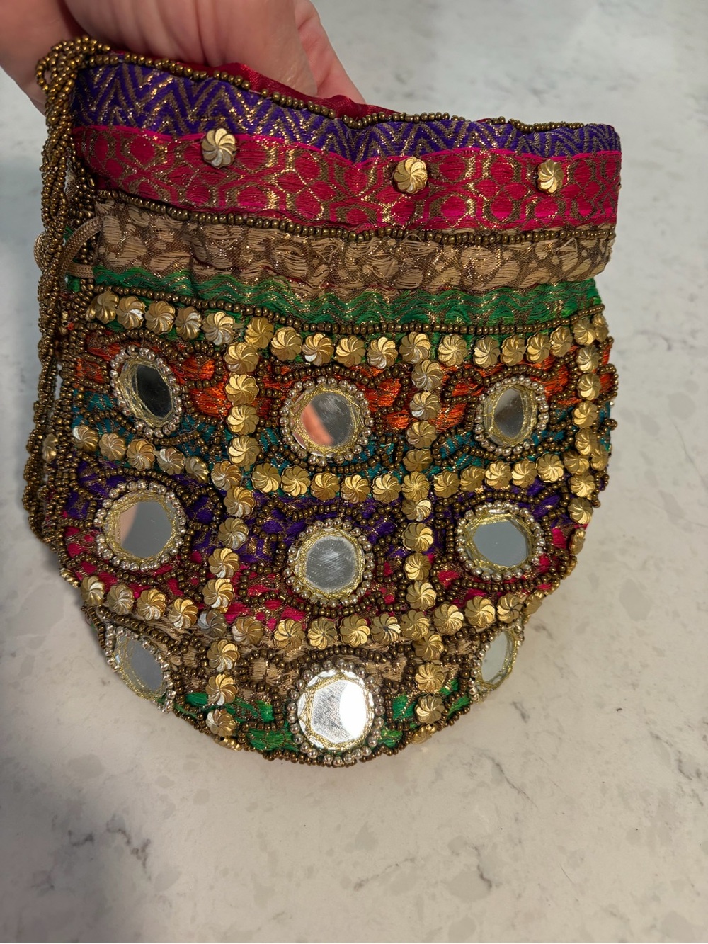 Embellished handcrafted Mirrorwork Drawstring Pilot Pouch - purchased in India